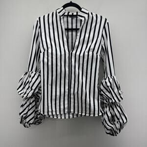 Greysn Black White Stripe Side Zipper‎ Puff Balloon Sleeve Blouse